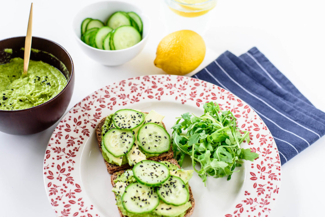 homemade humus, avocado and cucumber vegan sandwich