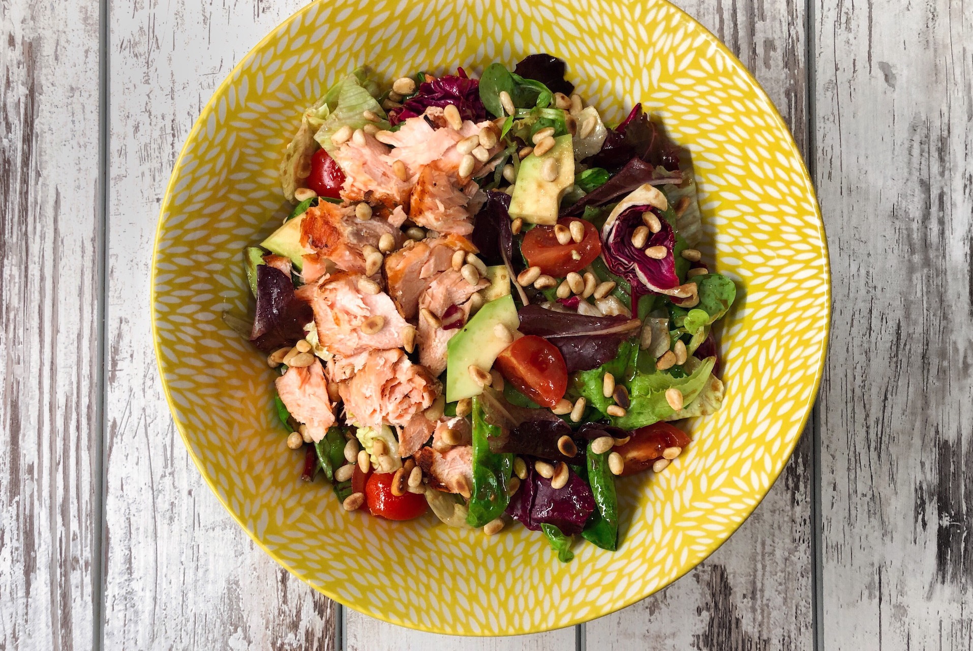 salmon salad with pine nuts